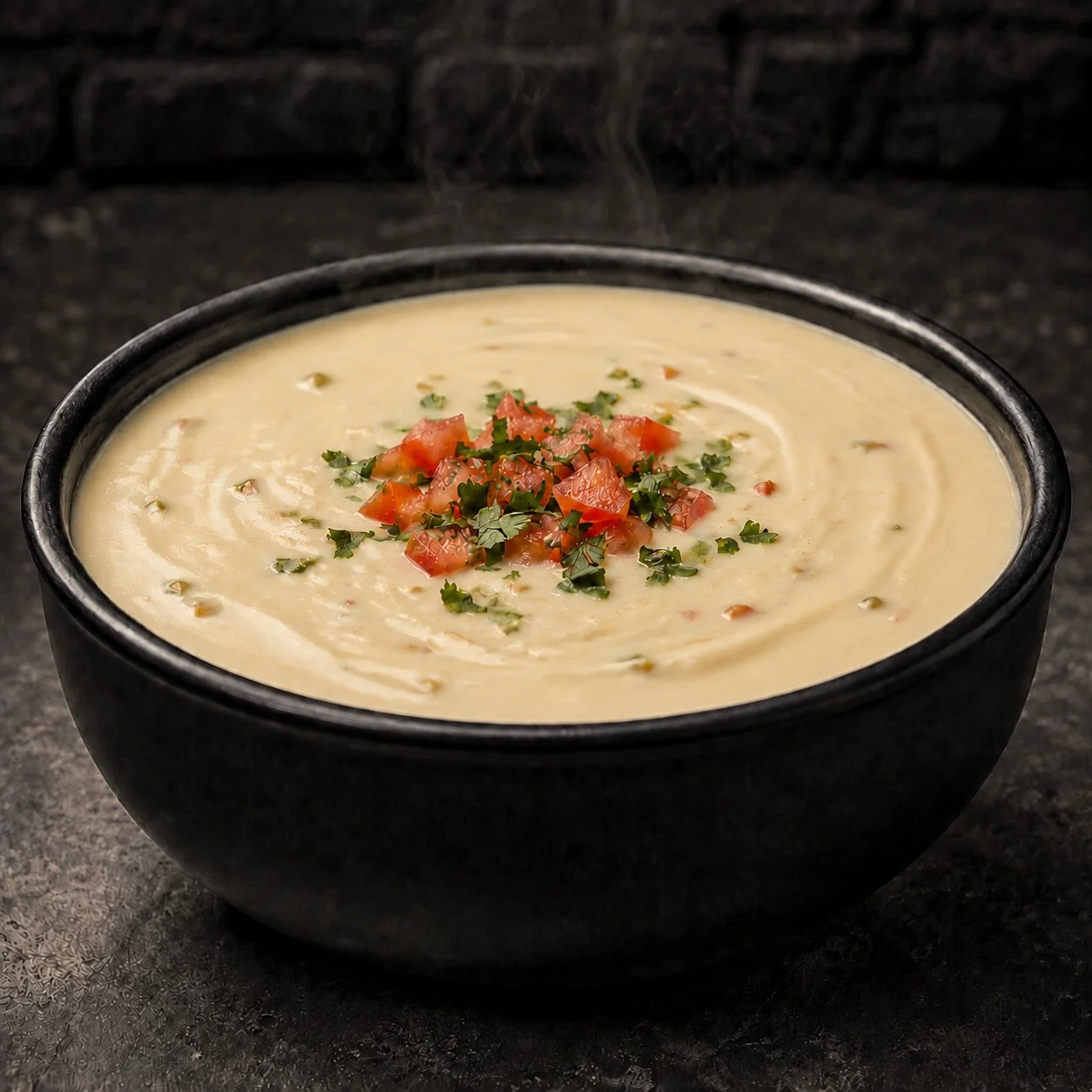 Creamy potato soup garnished with tomatoes and herbs in a black bowl