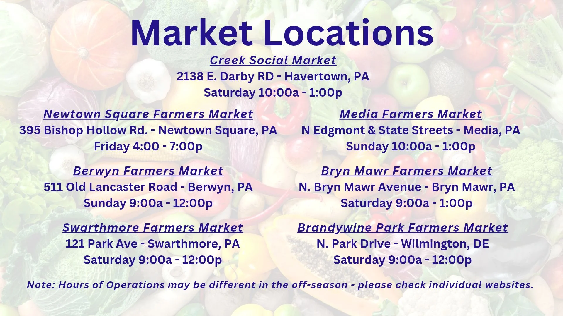 Farmers market location schedule with vegetable background and blue typography