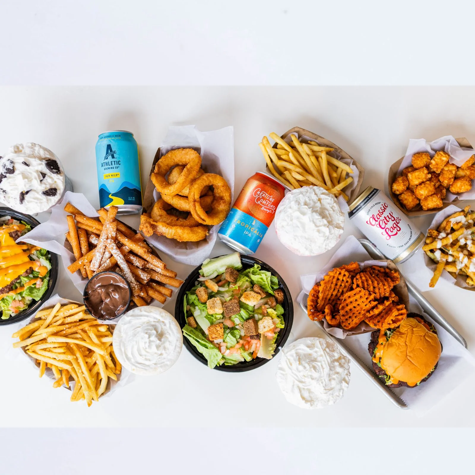 Variety of American comfort food including burgers and fries