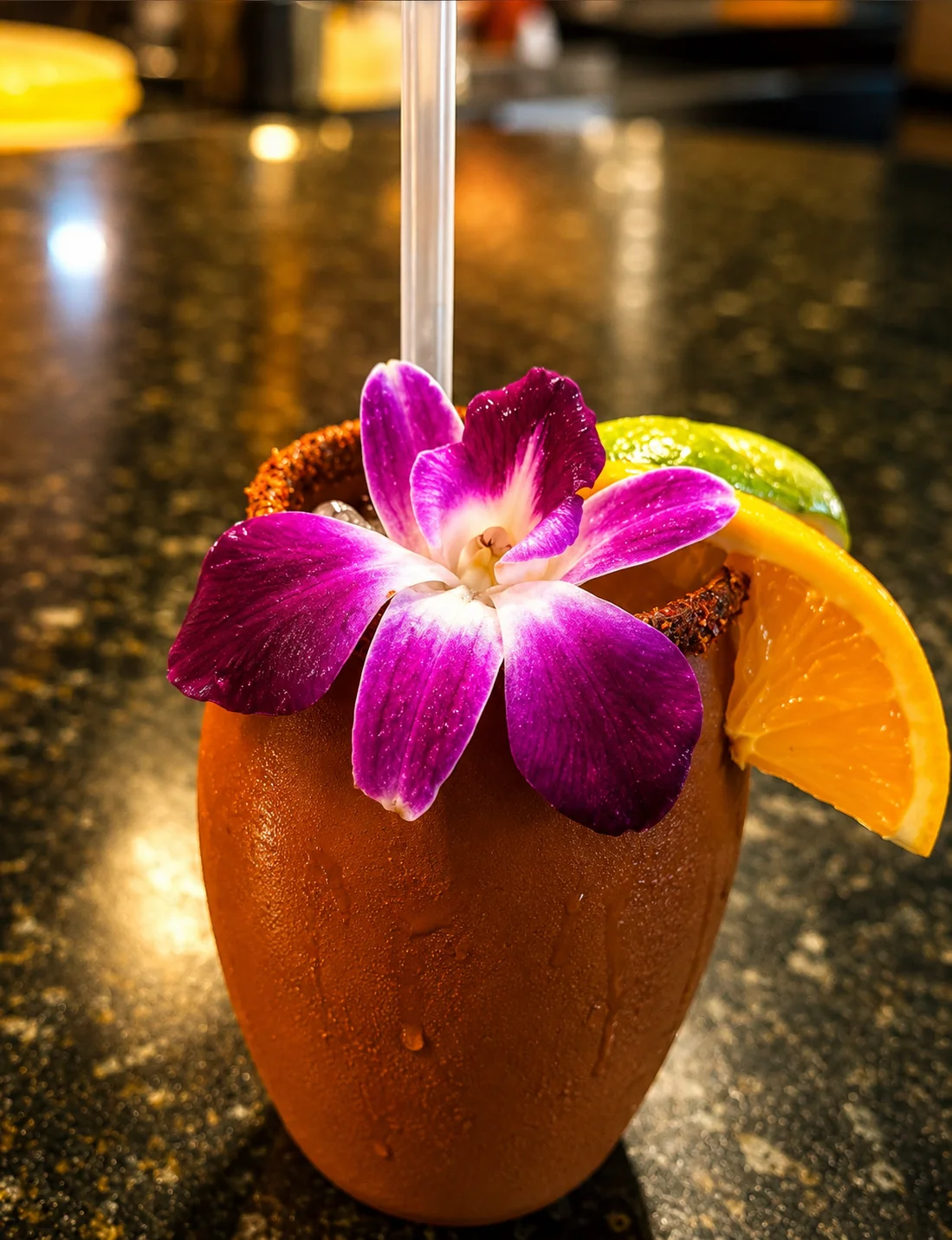 Colorful Mexican cocktail garnished with a flower and citrus slices