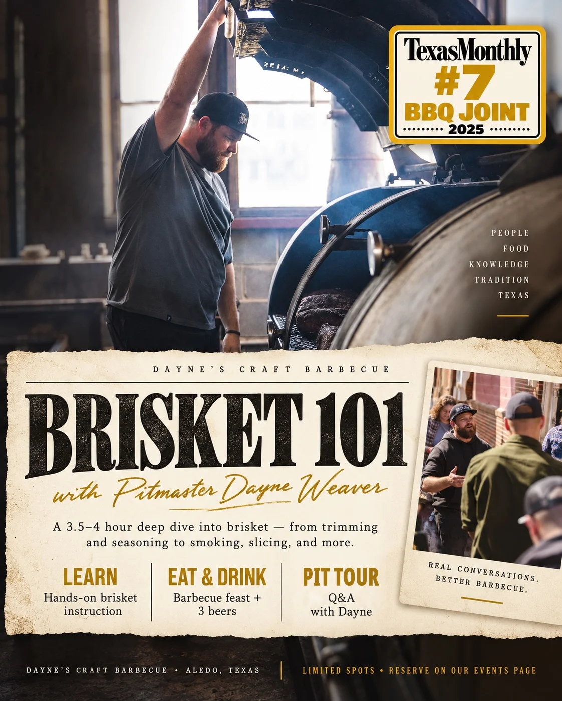 Texas barbecue pitmaster tending a smoker in a promotional restaurant poster