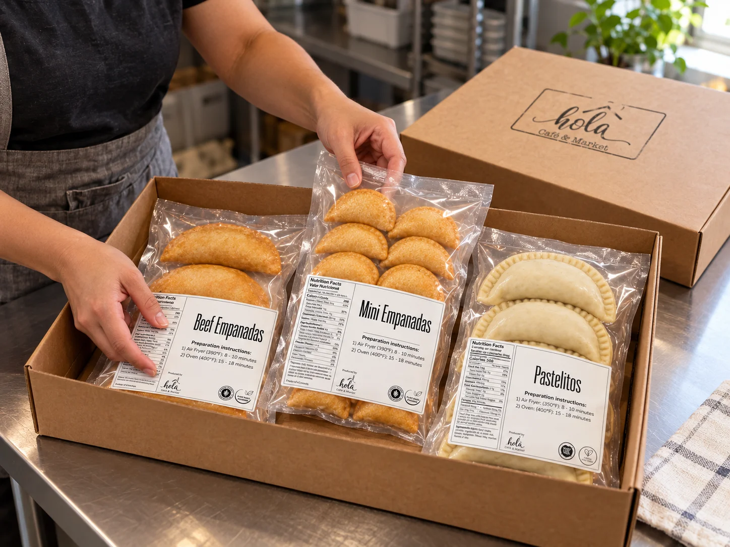 Box of Latin American beef empanadas, mini empanadas, and pastelitos