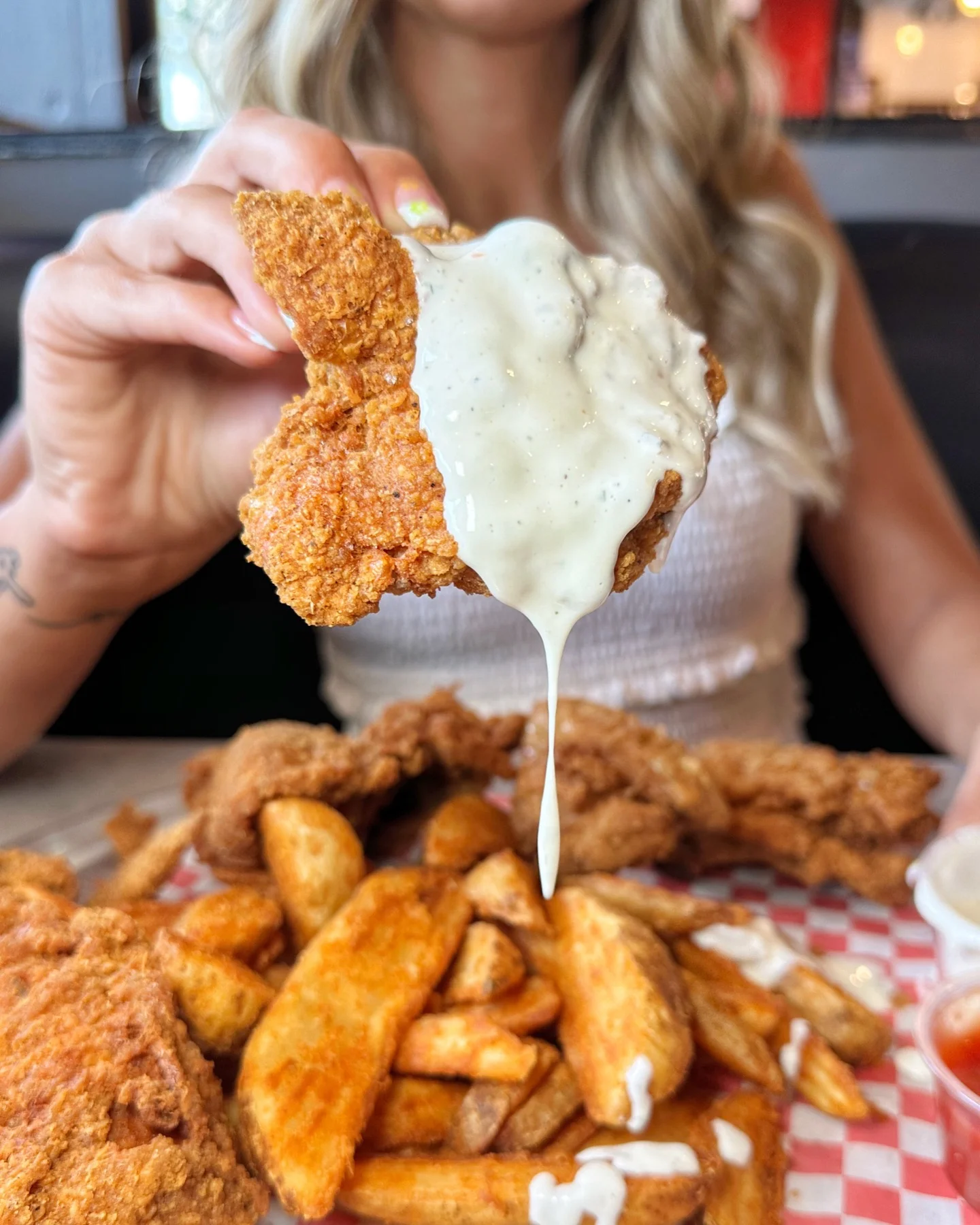 Crispy chicken dipped in ranch with Pepz Potatoes at Stadium Pepz