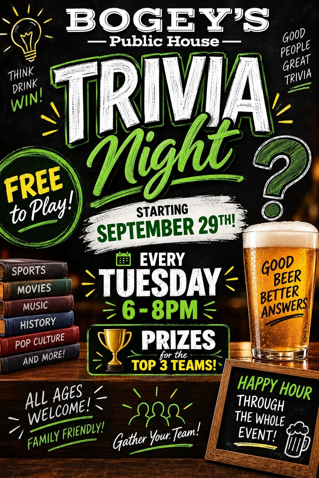 Trivia night event poster at Bogey's Public House