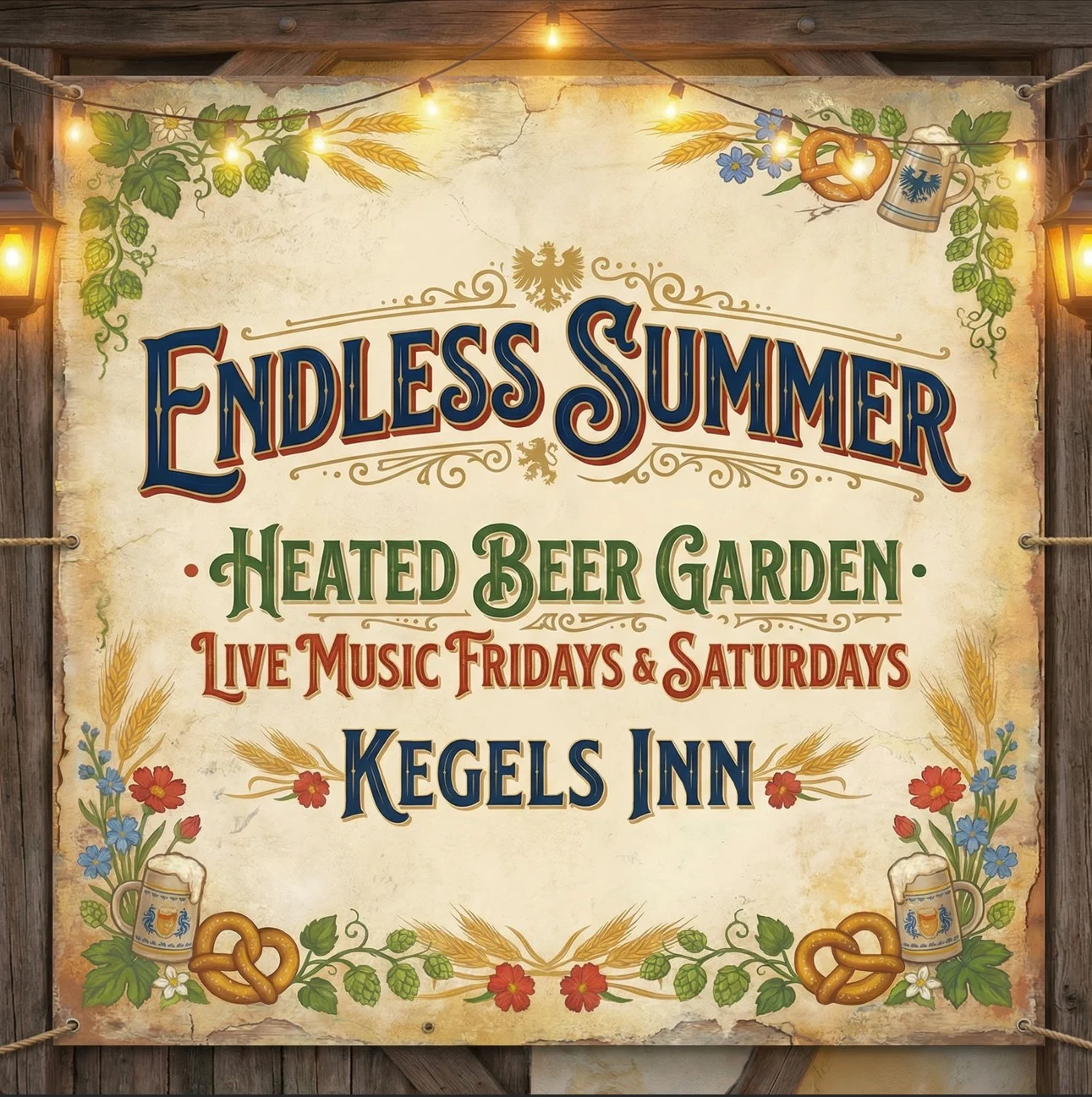 Promotional sign for Kegels Inn's heated beer garden and live music events