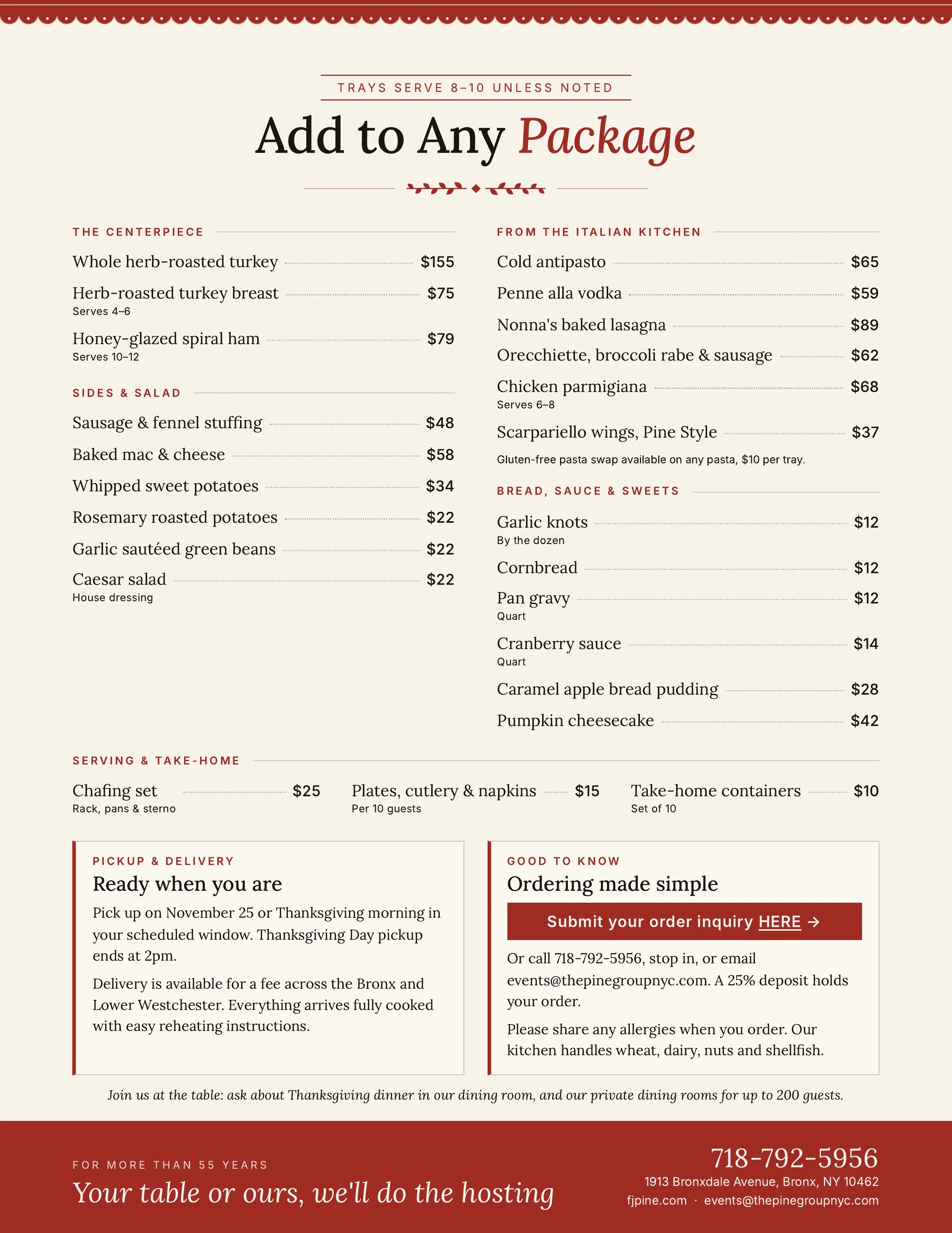 Restaurant Thanksgiving catering menu with Italian dishes and holiday packages