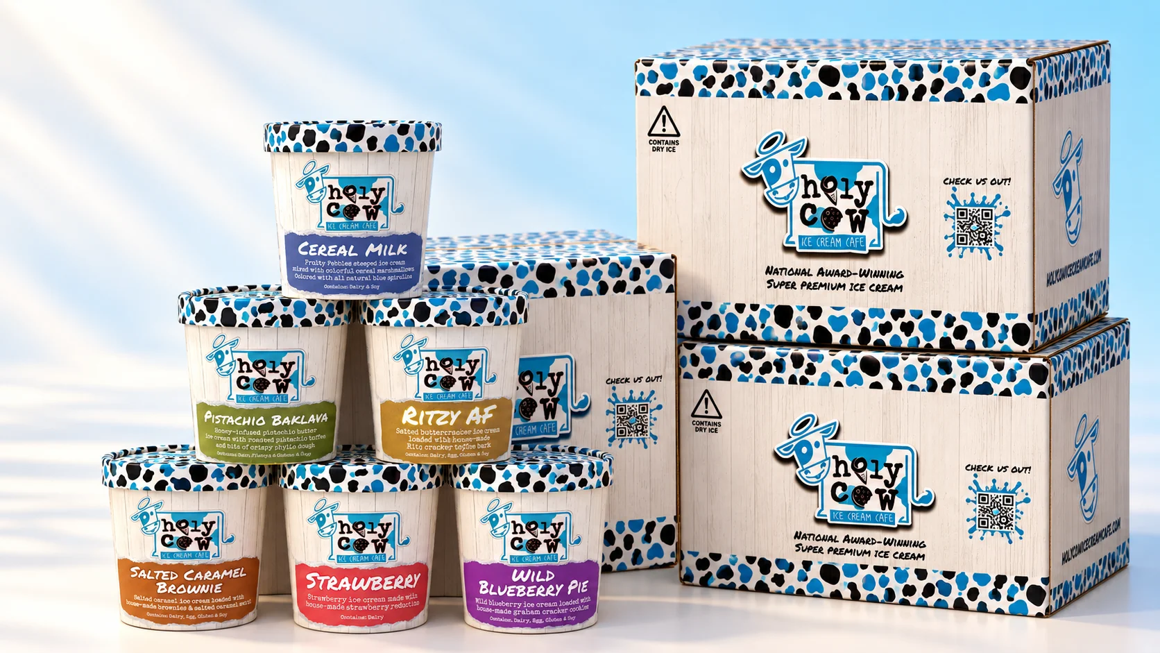 Premium ice cream tubs and branded delivery boxes in a studio display