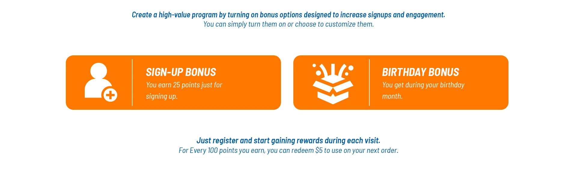 Promotional graphic for restaurant rewards program with sign-up and birthday bonuses