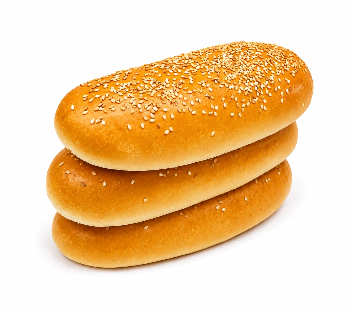 Three sesame seed topped bread rolls stacked together.