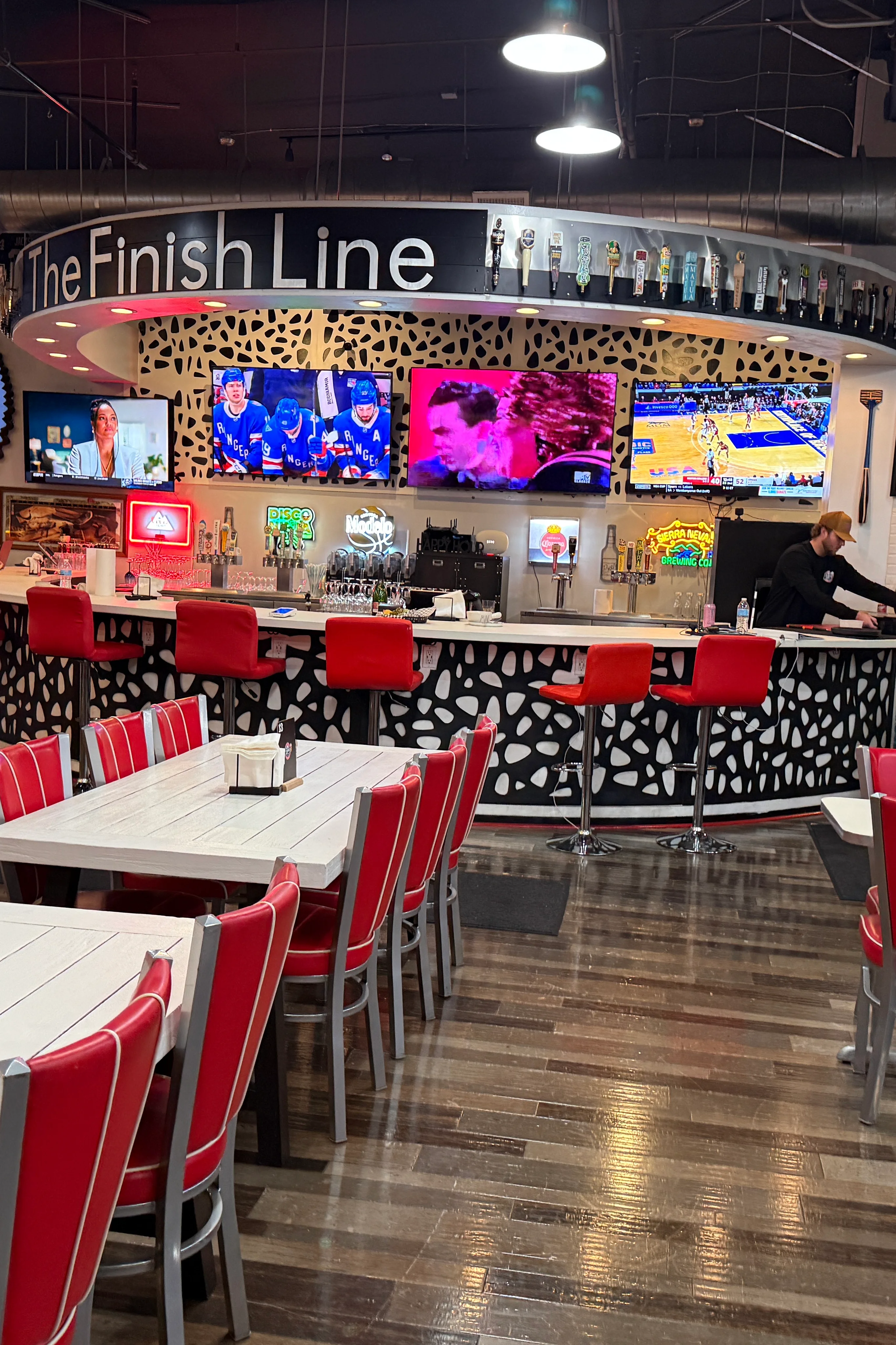 Modern restaurant interior with bar and seating