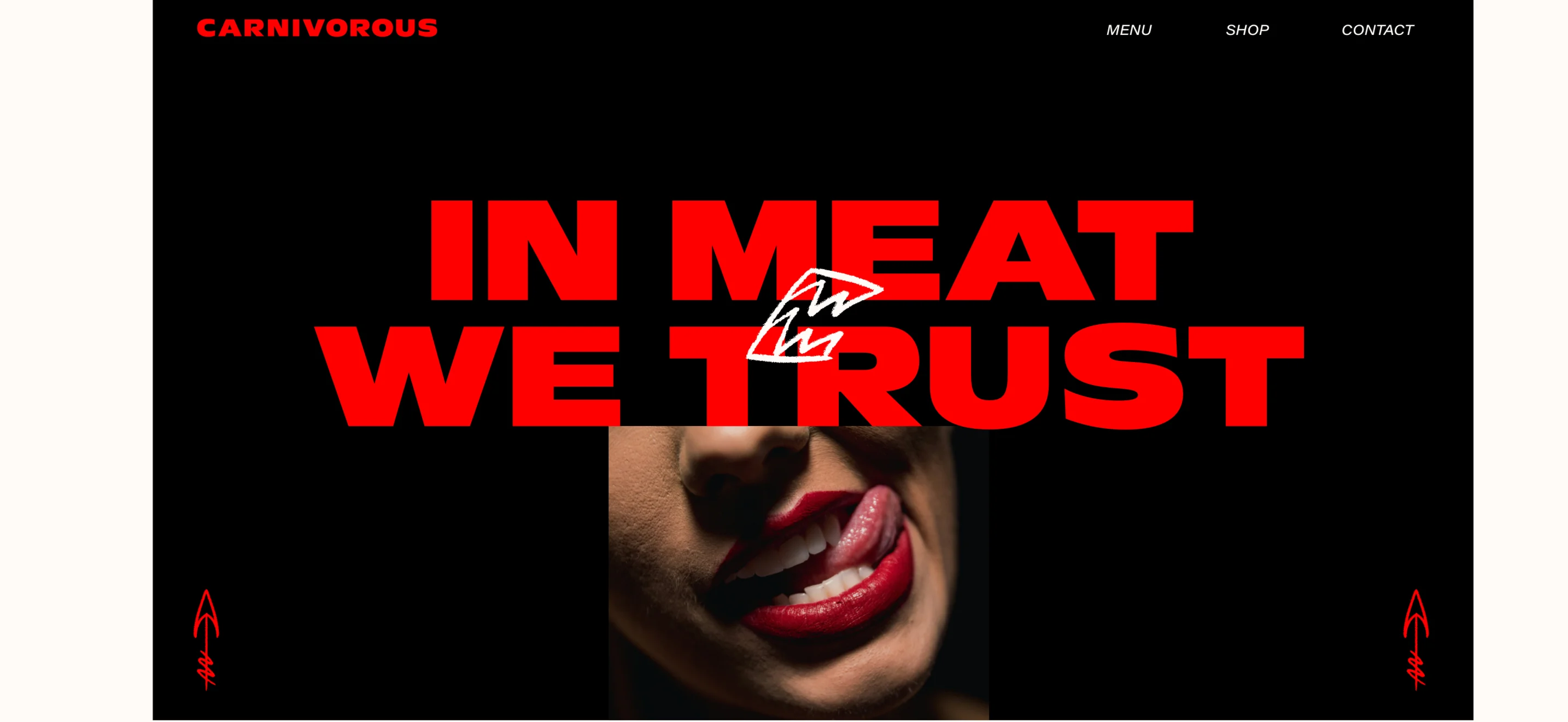 A bold graphic design featuring a close-up of lips with red lipstick and the phrase 'IN MEAT WE TRUST' prominently displayed.