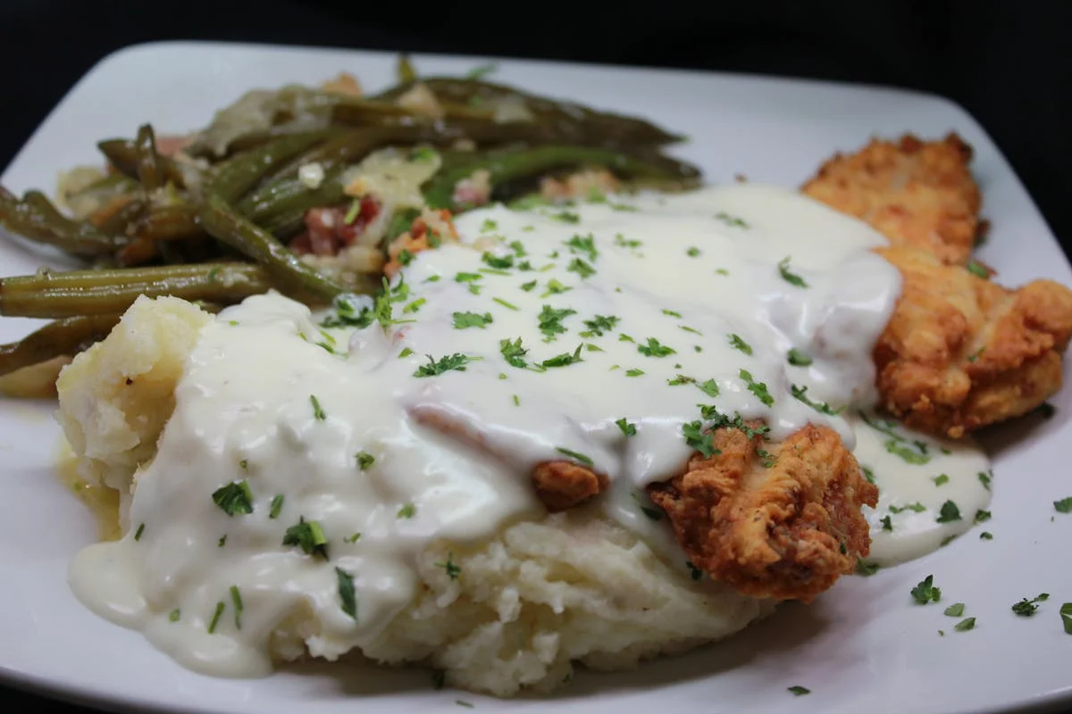 Southern chicken and biscuits with gravy and green beans