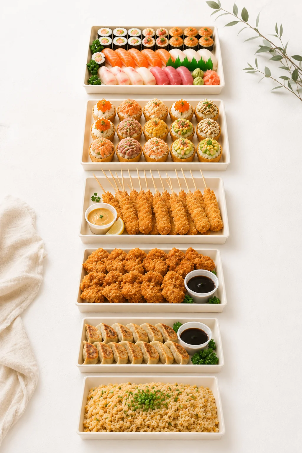 Variety of Japanese appetizers including gyoza, fried chicken, and edamame.