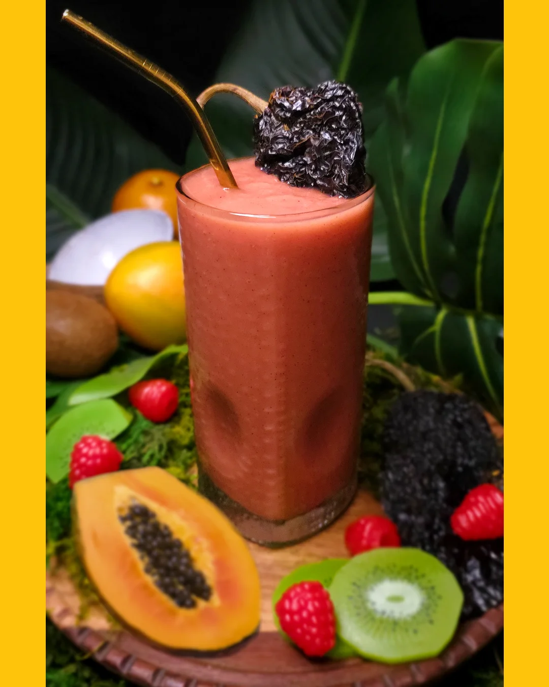 Tropical smoothie with exotic fruits and a decorative garnish