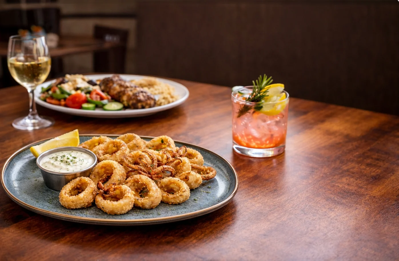 Delicious calamari souvlaki dinner served with sides on a rustic table.