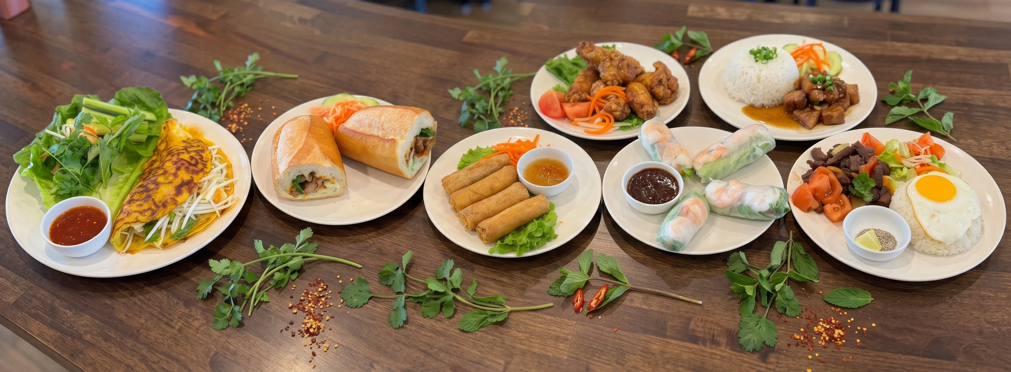 Vietnamese banh xeo with fresh herbs and dipping sauce