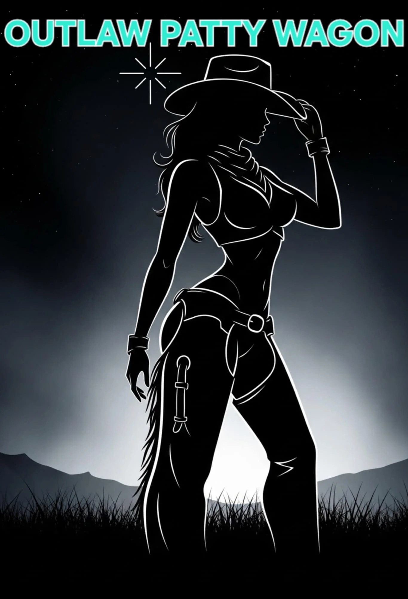 Silhouette of a cowgirl with a hat against a starry night background