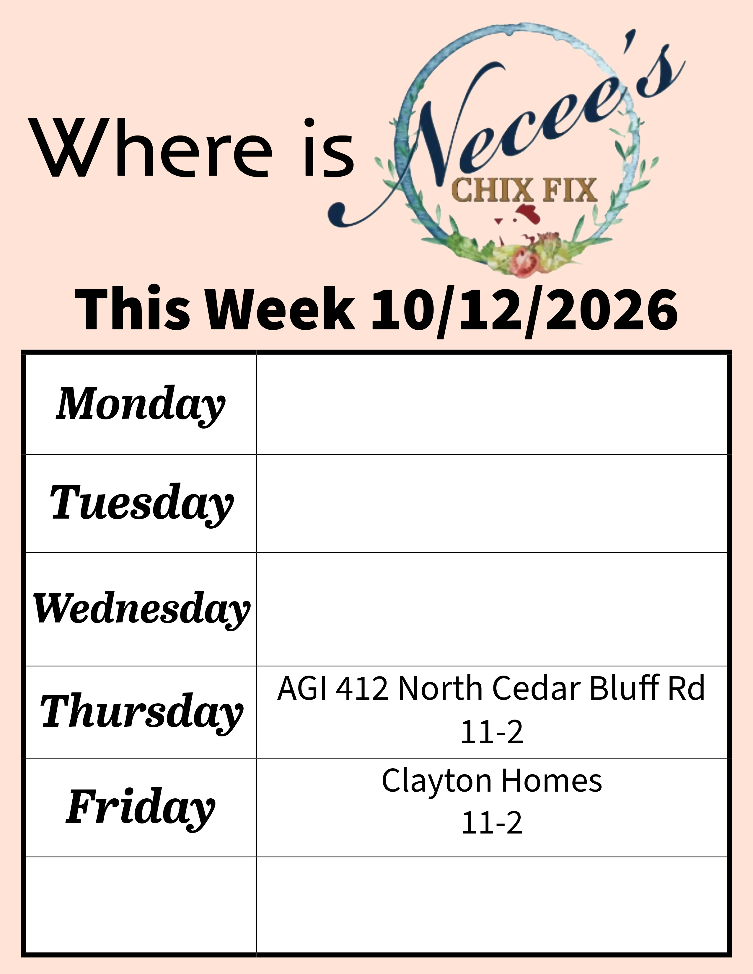 Weekly restaurant schedule graphic with event dates and venue information