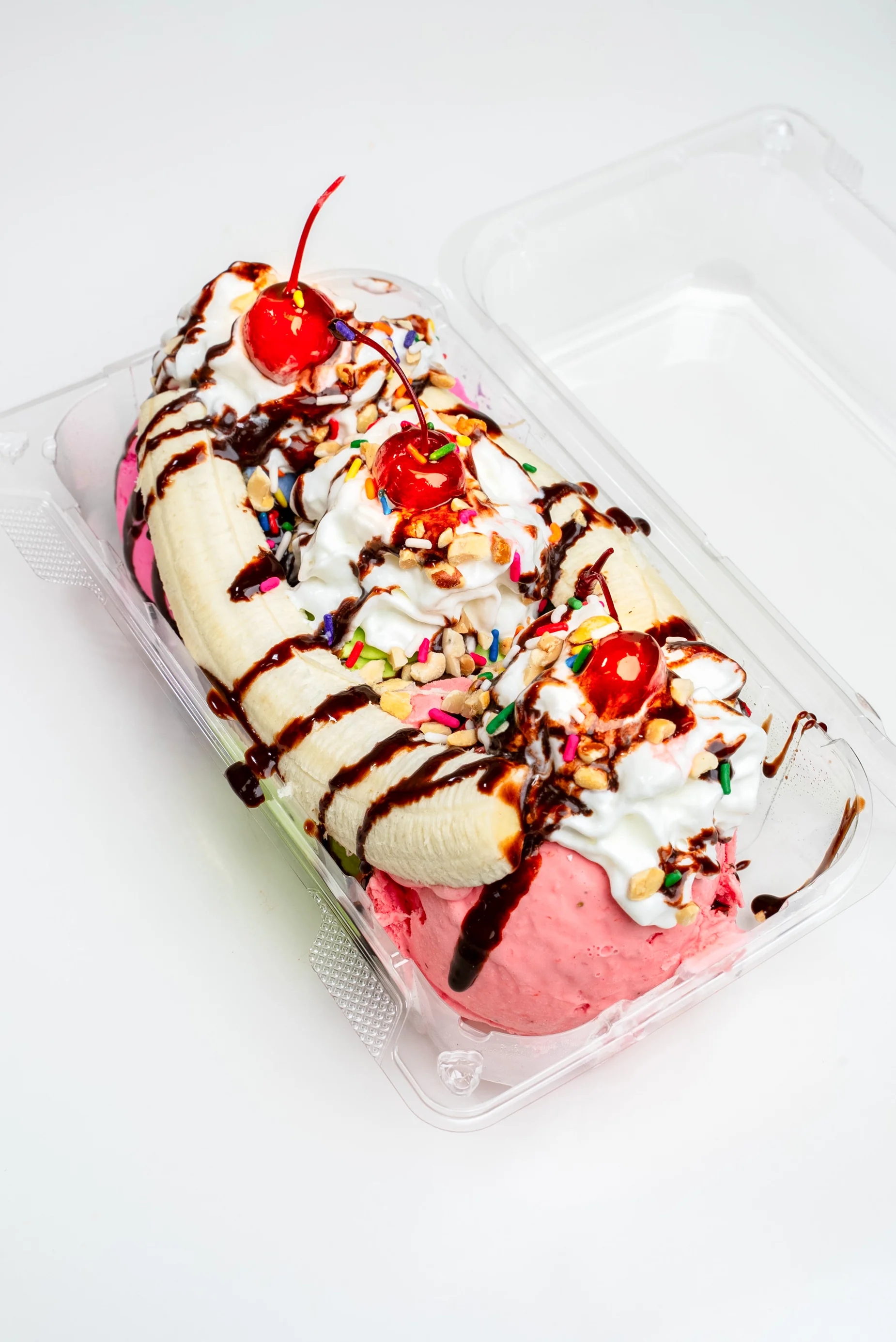 Classic American banana split dessert with ice cream and toppings
