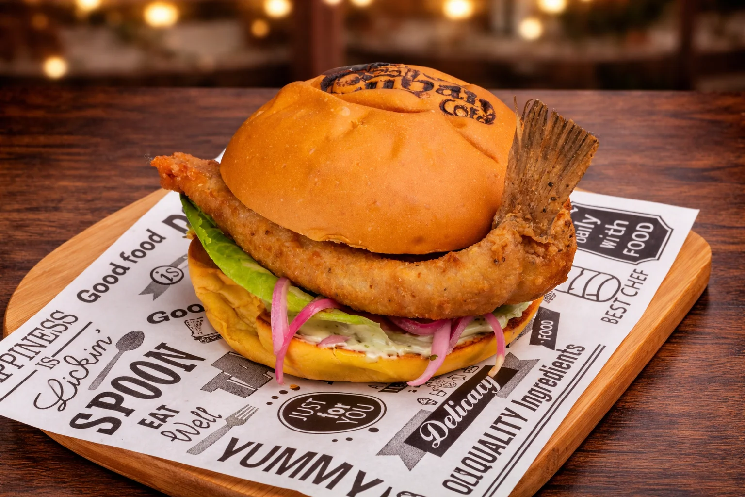 Crispy fish sandwich with lettuce and pickled onions