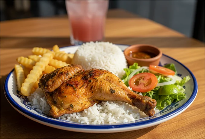 Grilled chicken with rice, fries, salad, and sauce on a plate.