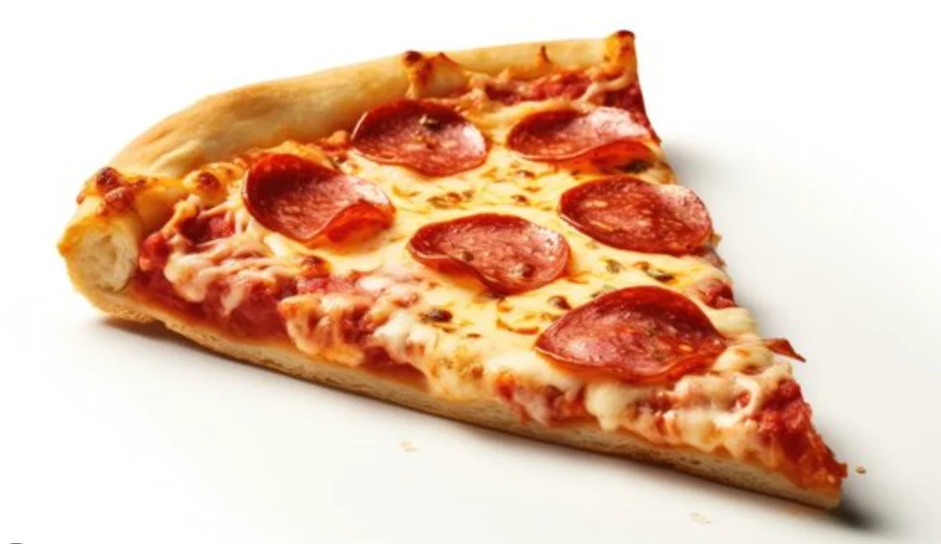 Slice of classic pepperoni pizza on a white background