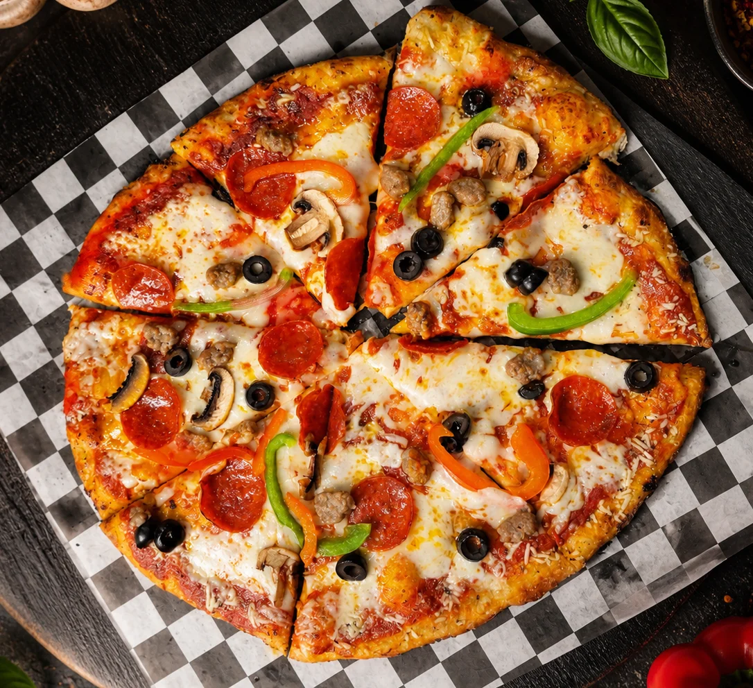 Pepperoni pizza served on a checkered paper