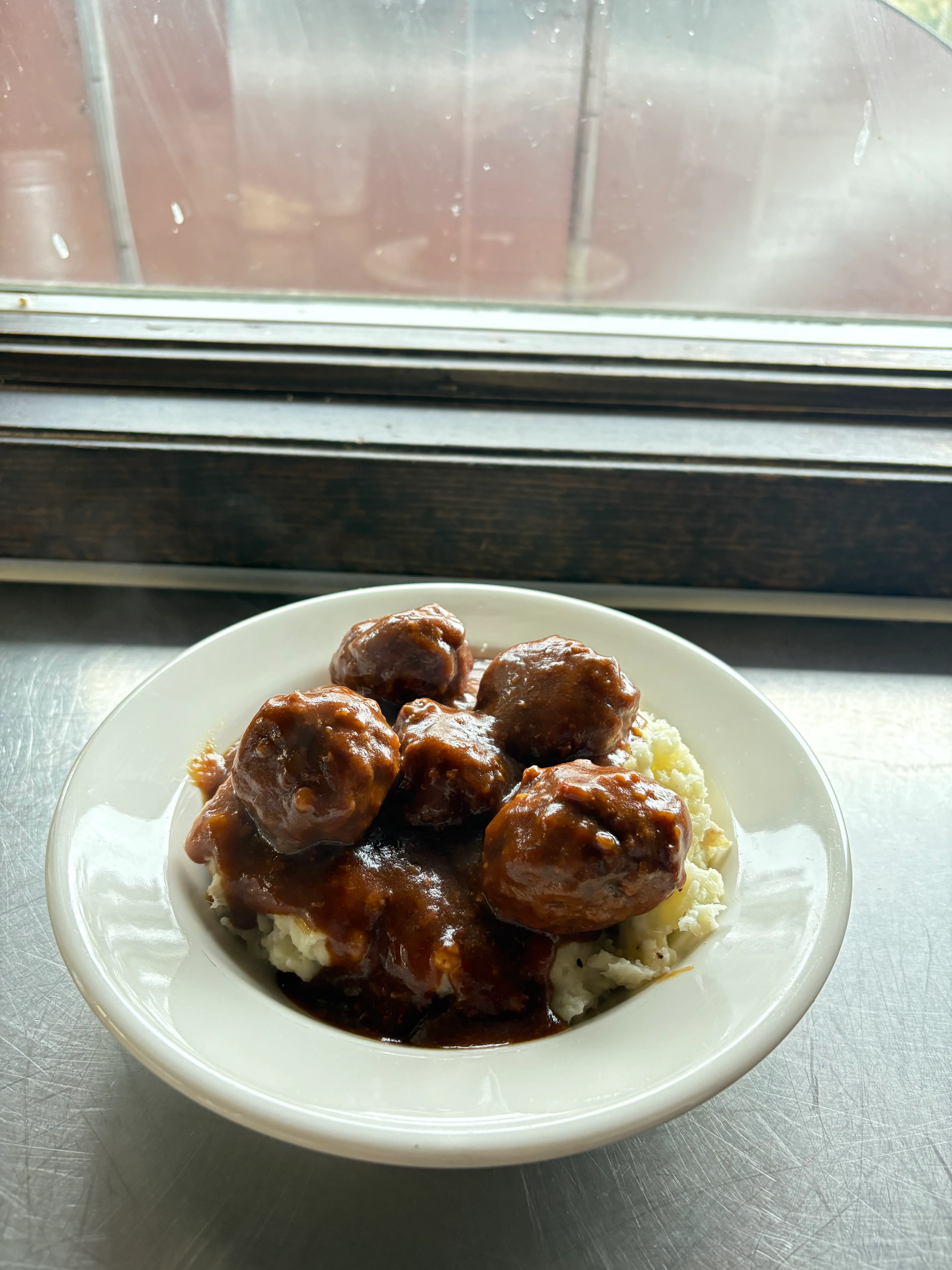 Meatballs and mashed potatoes, homemade, bar and grill, good food, spring valley Wisconsin