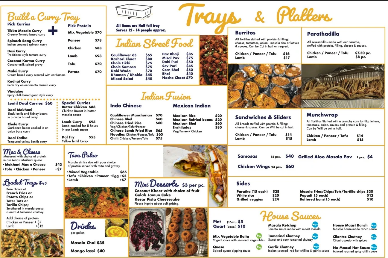 Indian street food menu featuring curries and fusion dishes