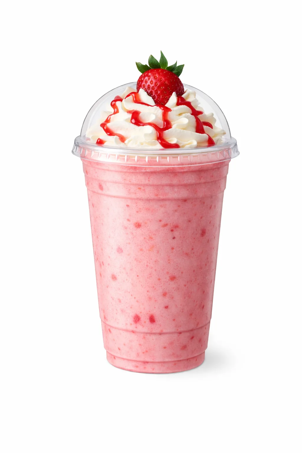 A refreshing strawberry shake topped with whipped cream, strawberry syrup, and a fresh strawberry.