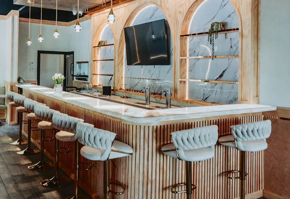 Modern bar interior with elegant seating and stylish decor