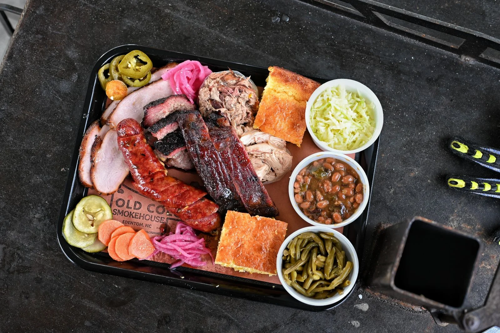 Assorted barbecue platter from a Southern smokehouse