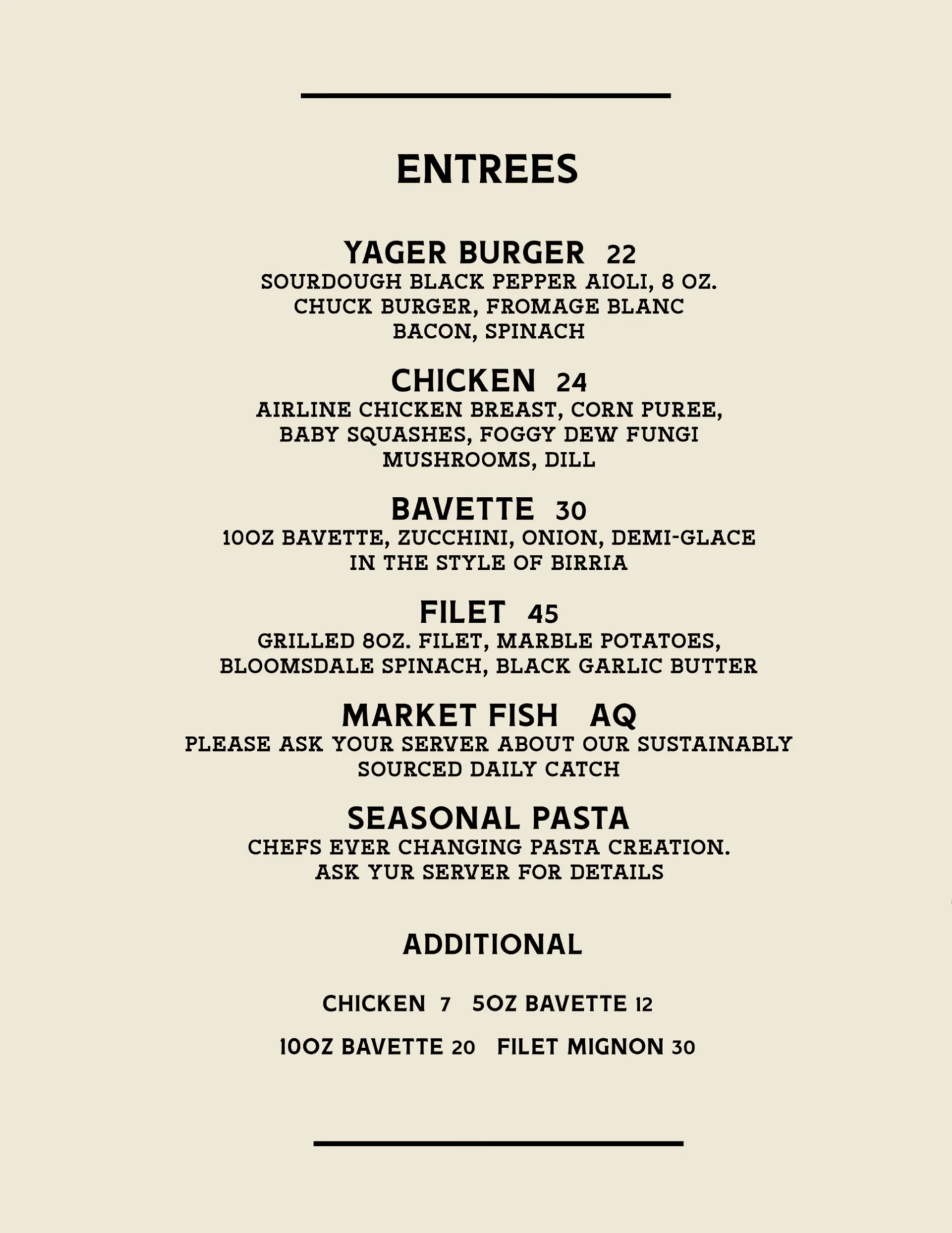 Gourmet American entrees menu featuring diverse dishes