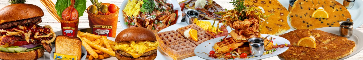 Variety of American brunch dishes including burgers and waffles