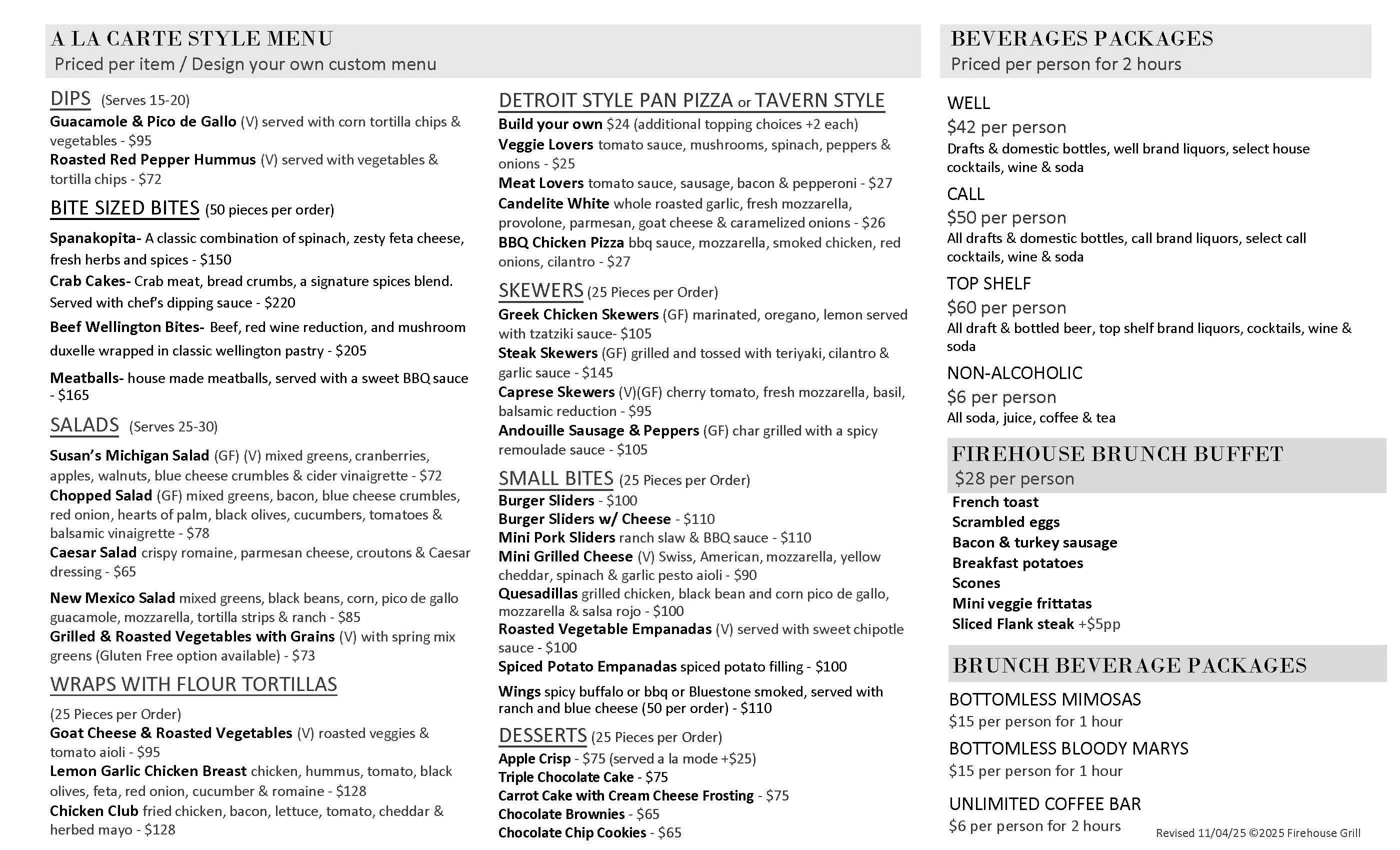A la carte menu featuring diverse global dishes