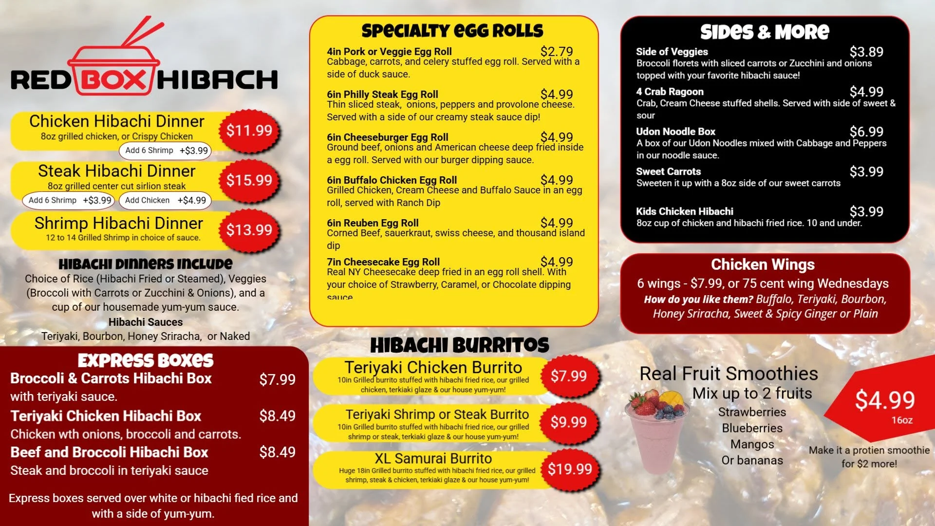 Menu featuring hibachi dinners and specialty rolls