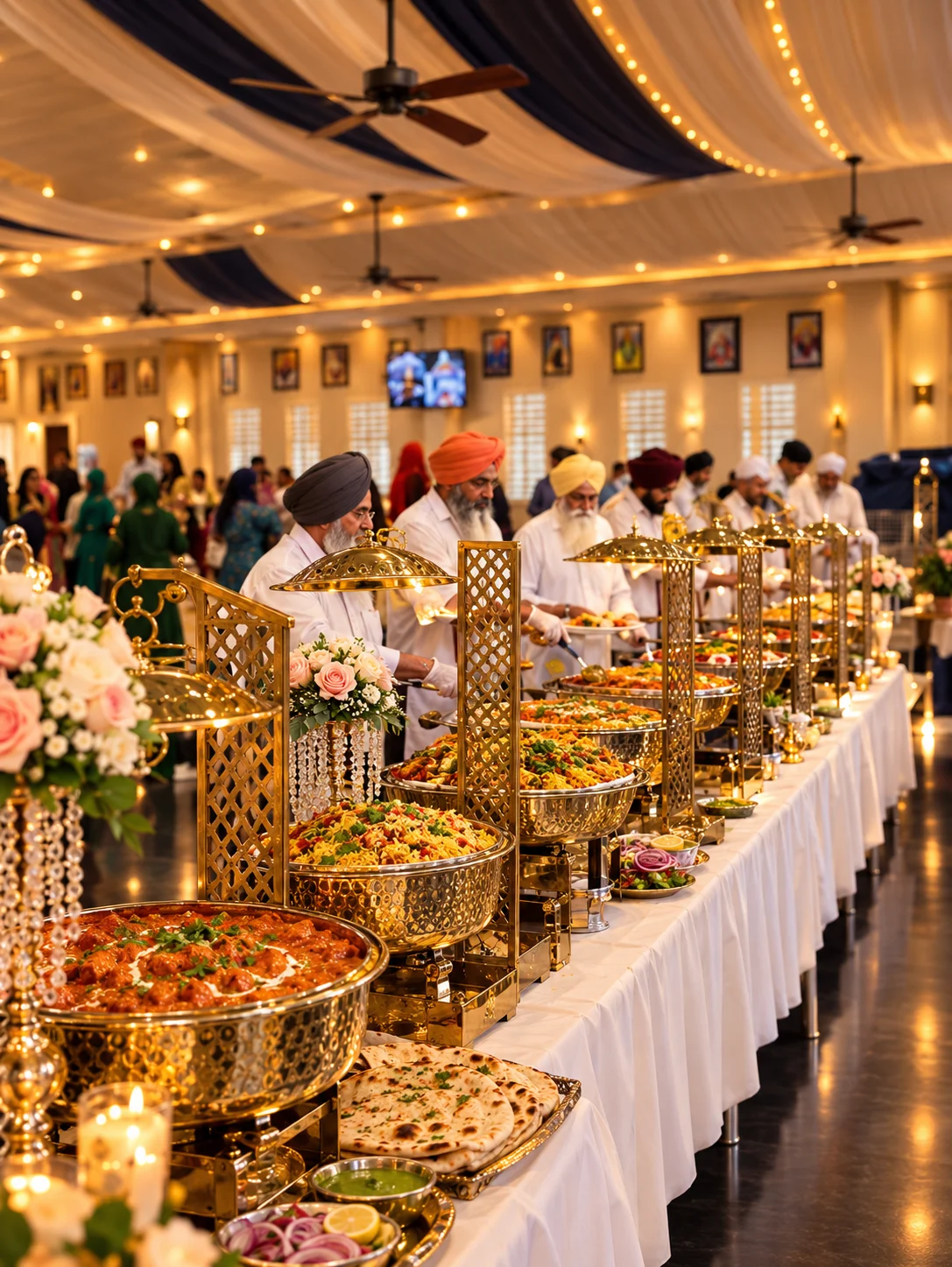 Festive Indian wedding buffet with naan, curries, and Sikh servers