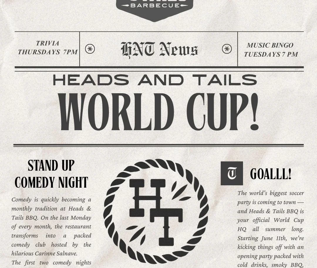 Promotional flyer for Heads and Tails BBQ featuring World Cup events and specials.