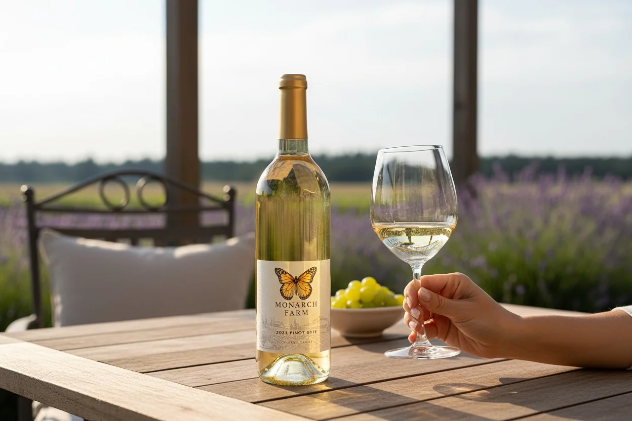 Bottle of white wine with a glass in a scenic outdoor setting
