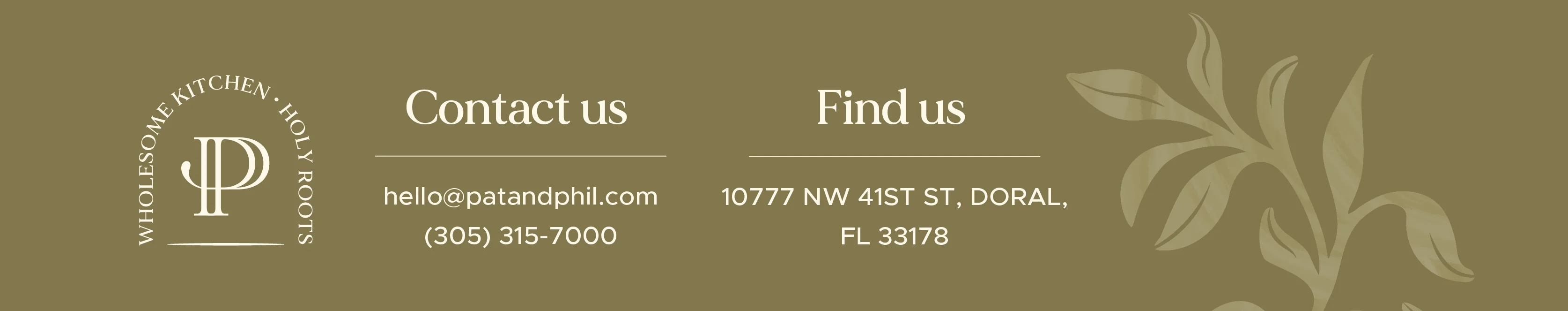 Contact information and location details for a restaurant on a stylish background