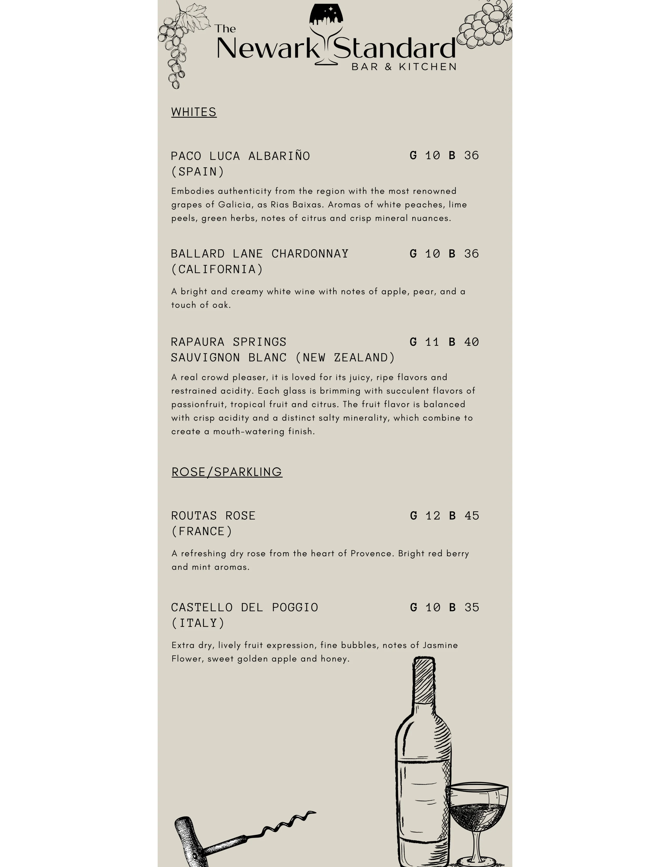 Wine menu featuring selections from Spain, California, New Zealand, France, and Italy
