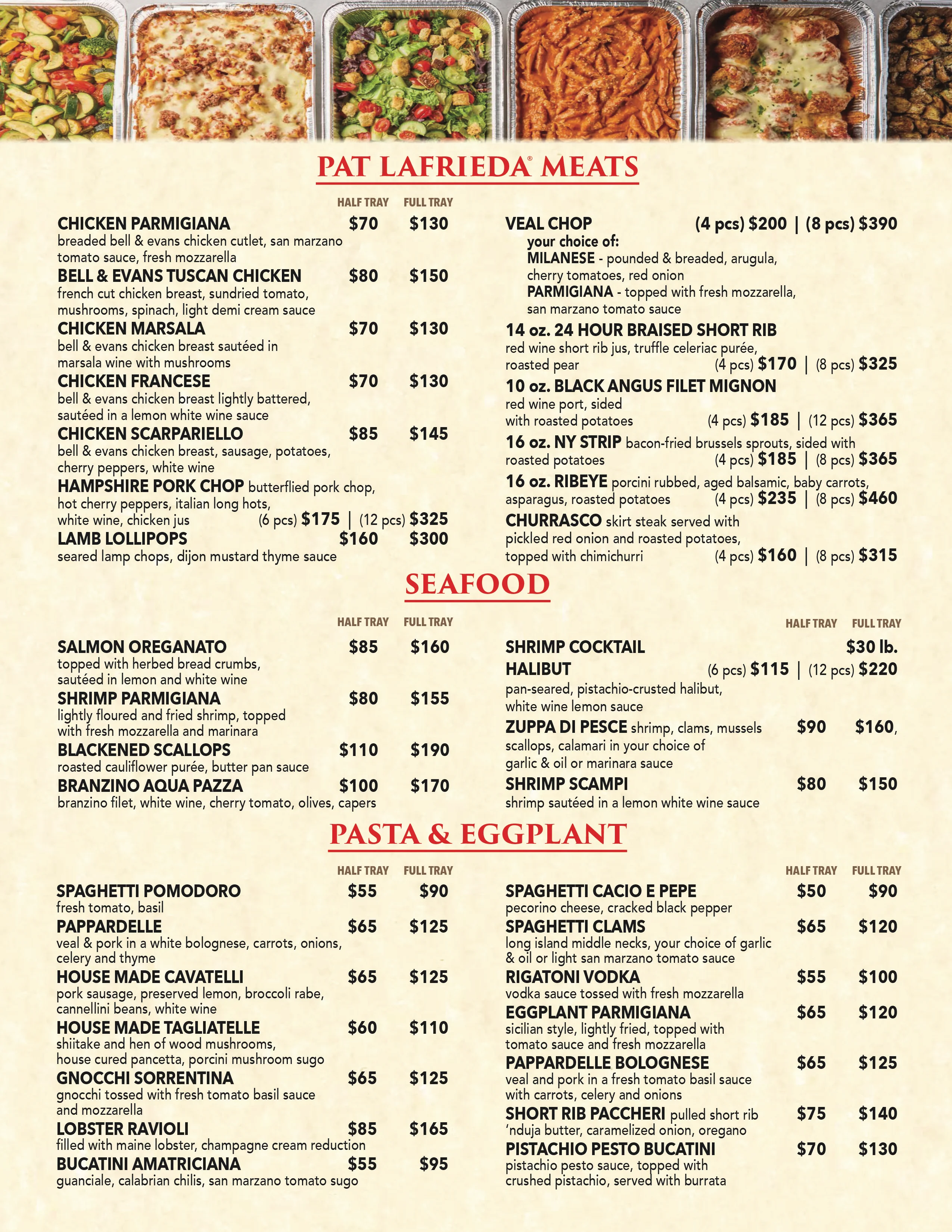 Italian restaurant menu featuring classic dishes