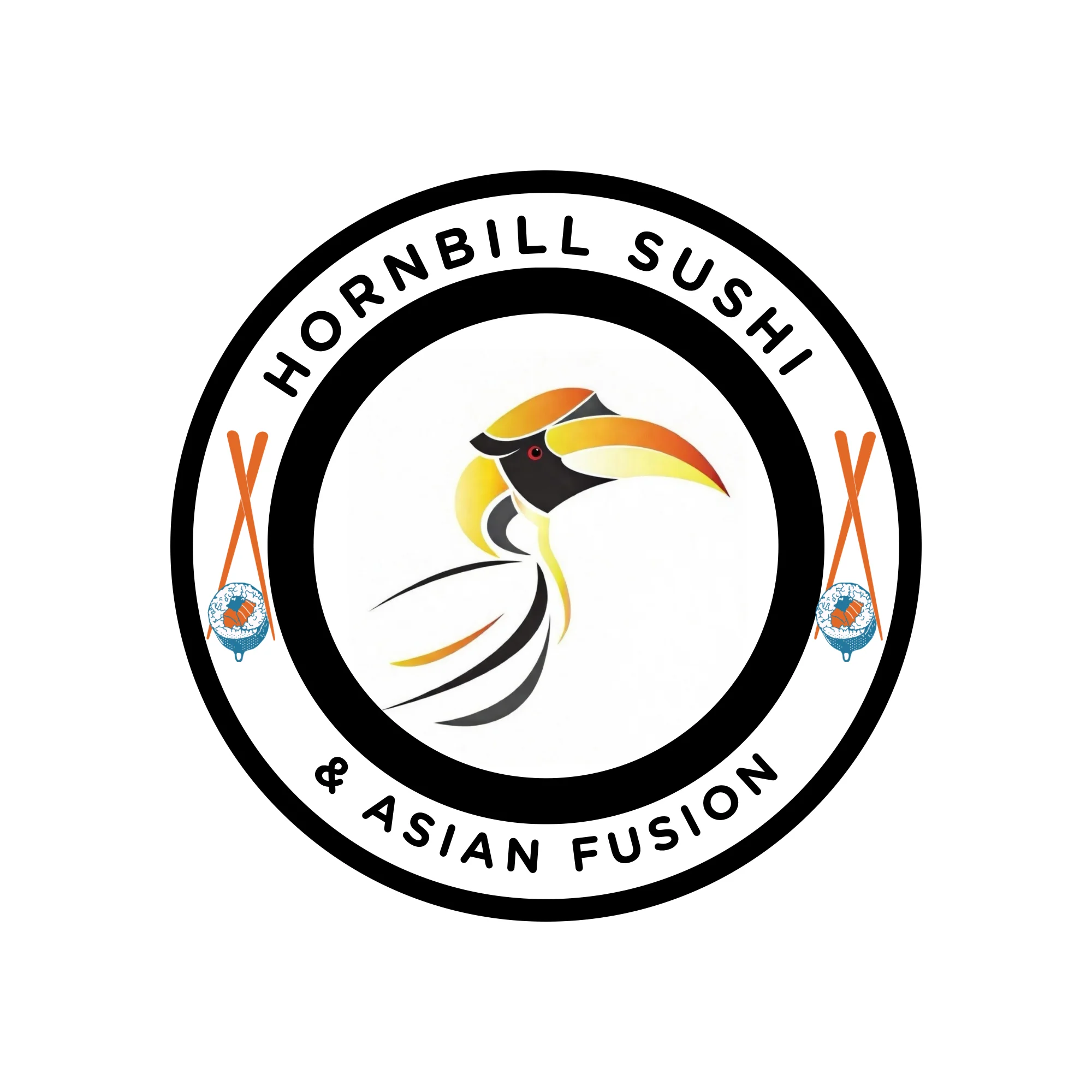 Hornbill Sushi & Asian Fusion logo featuring a colorful bird design