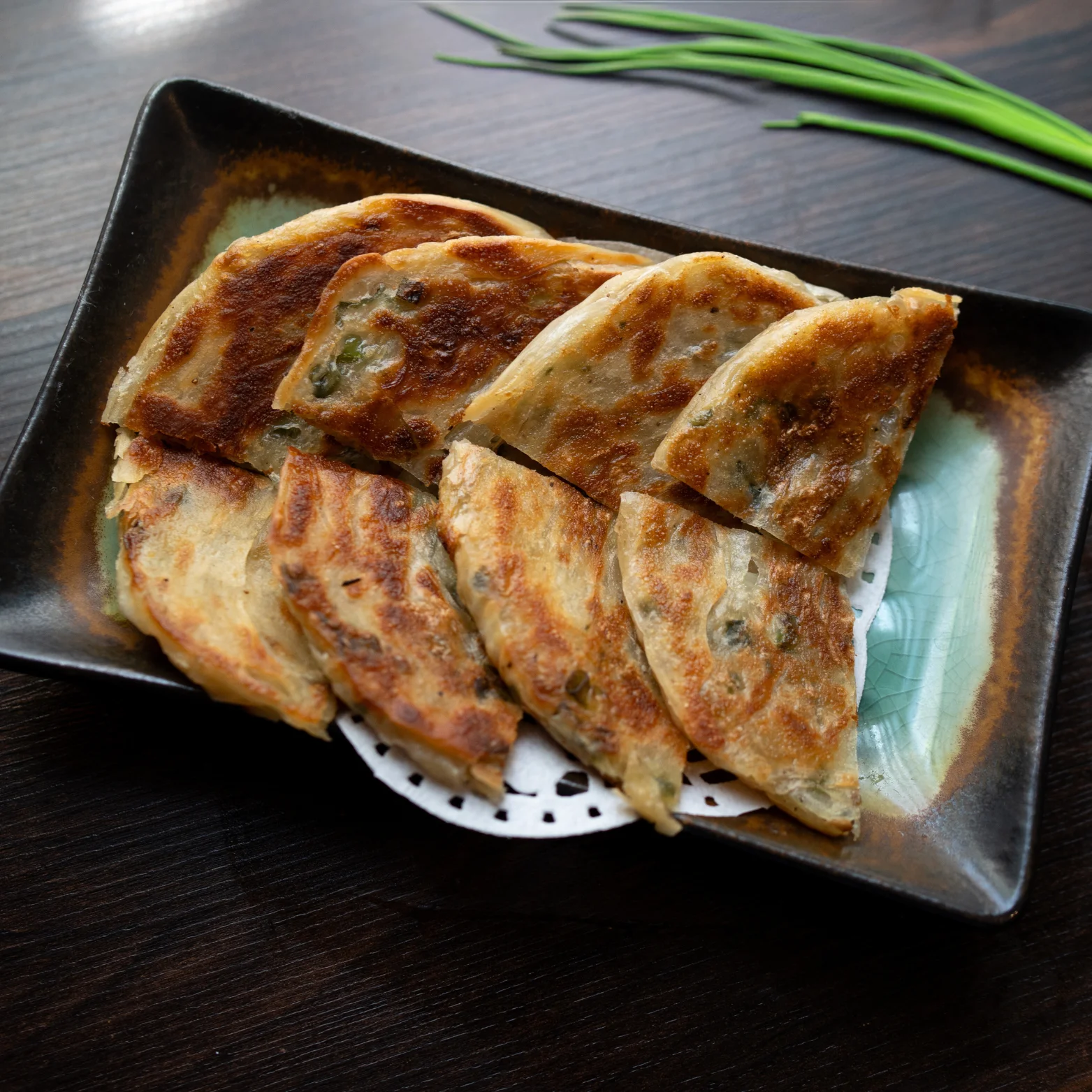Crispy Chinese scallion pancakes on a plate