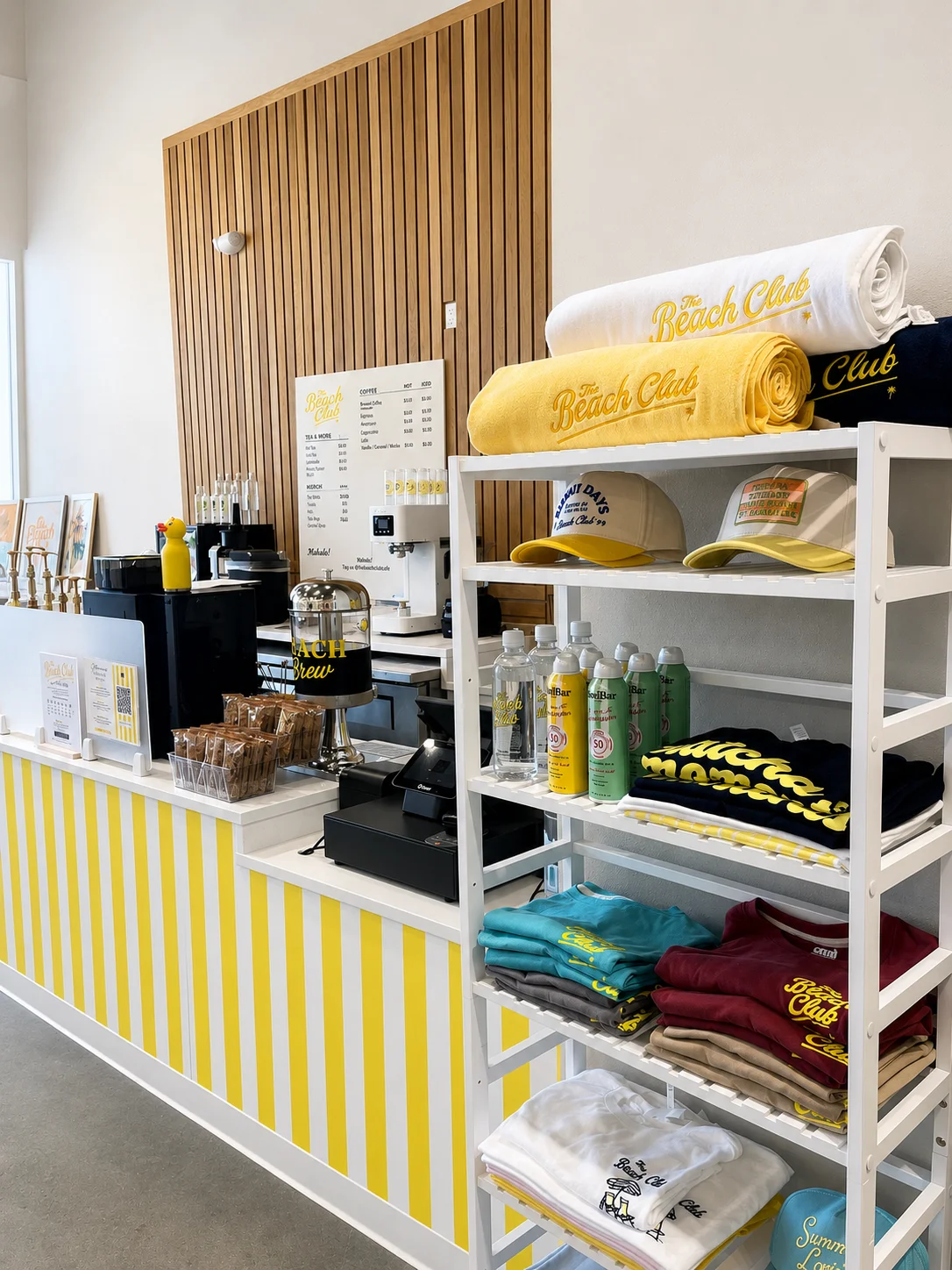 Bright café interior with merchandise and menu display