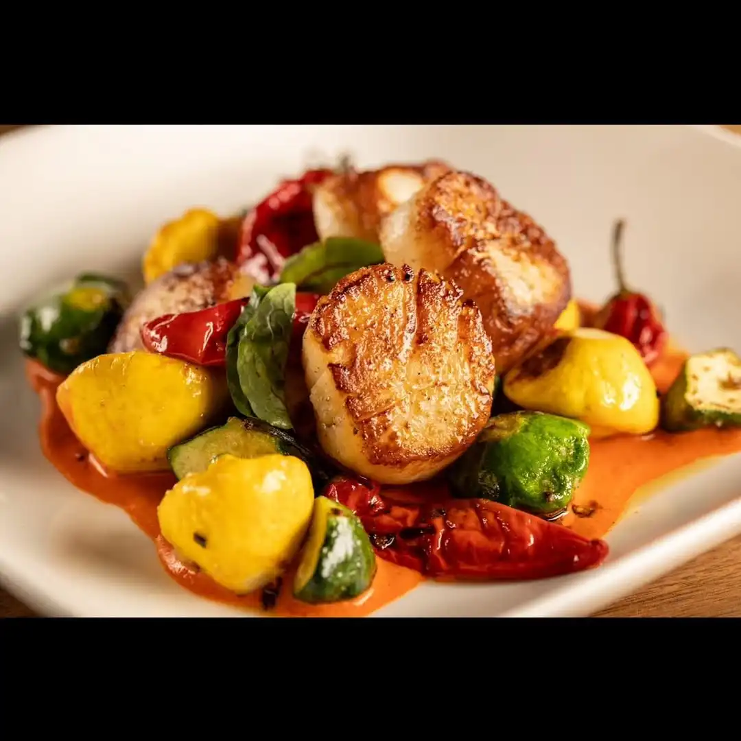 Seared scallops with fresh roasted veggies