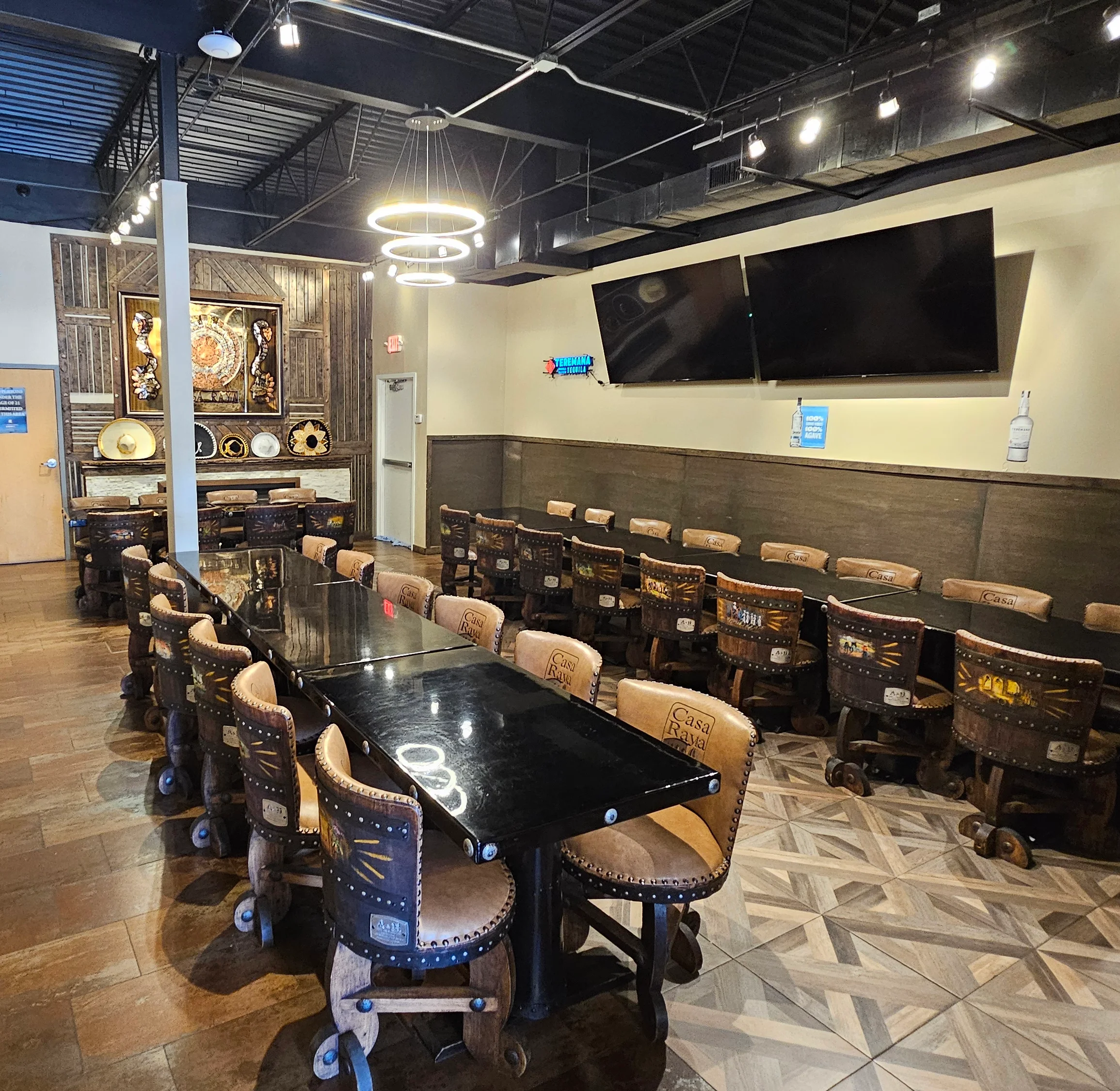 Stylish restaurant interior with wooden tables and unique decor
