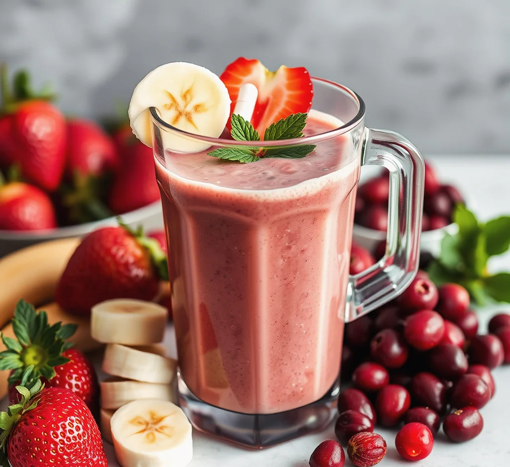 Refreshing berry smoothie in a glass with fruit garnishes