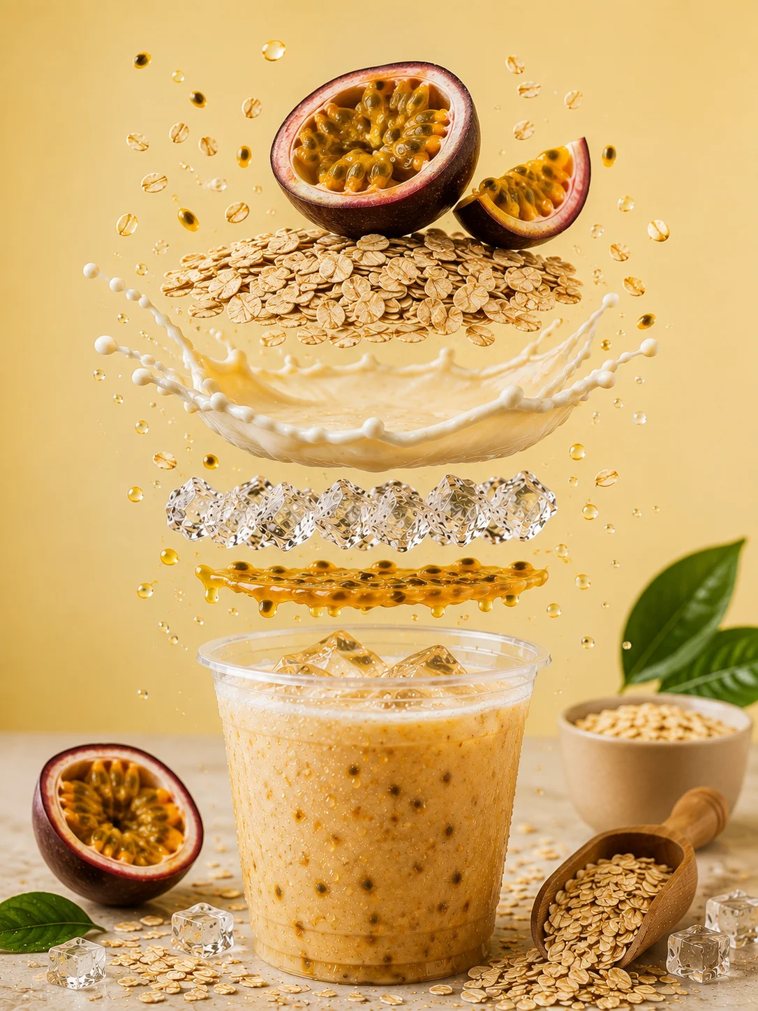 A refreshing drink made with passion fruit, milk, and oats, topped with ice cubes and surrounded by ingredients including oats, splashes of milk, and droplets of golden syrup.