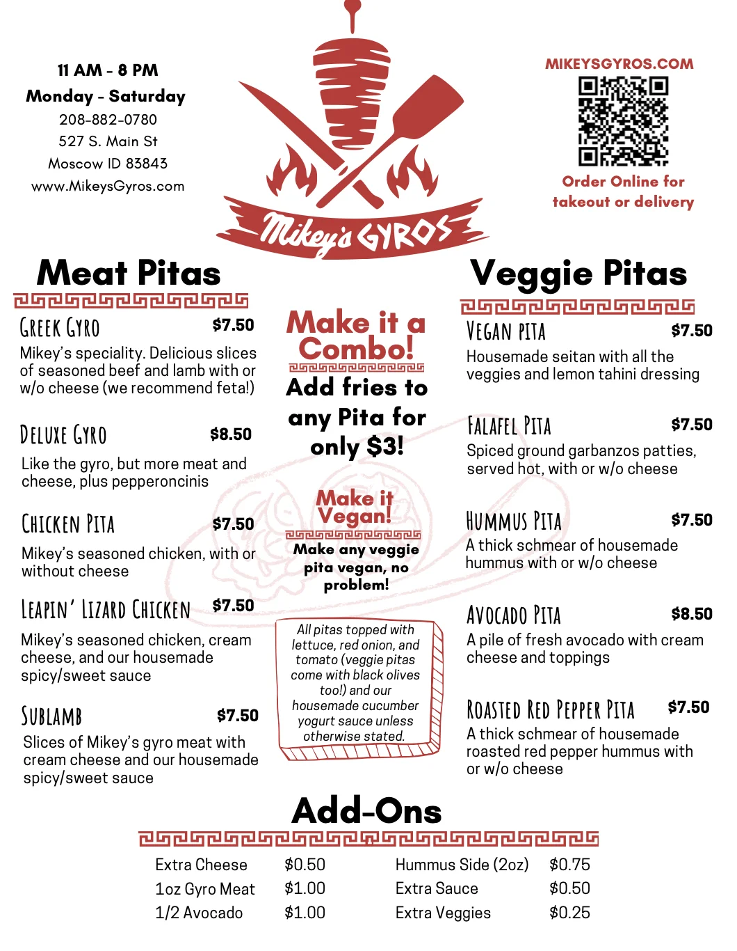 Menu for Mediterranean gyros and pitas at Mikey's Gyros restaurant